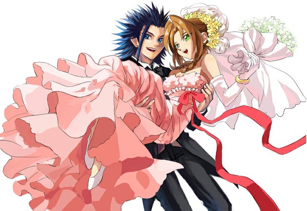 Anime picture 800x550 with final fantasy final fantasy vii square enix aerith gainsborough zack fair dai ki long hair fringe short hair blue eyes smile brown hair white background twintails holding green eyes blue hair short twintails girl dress