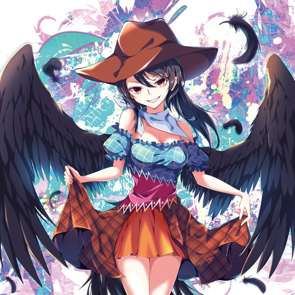 Anime picture 4000x4000 with touhou kurokoma saki yamanakaume single long hair looking at viewer fringe highres black hair smile hair between eyes red eyes absurdres head tilt grin black wings girl hat wings feather (feathers)