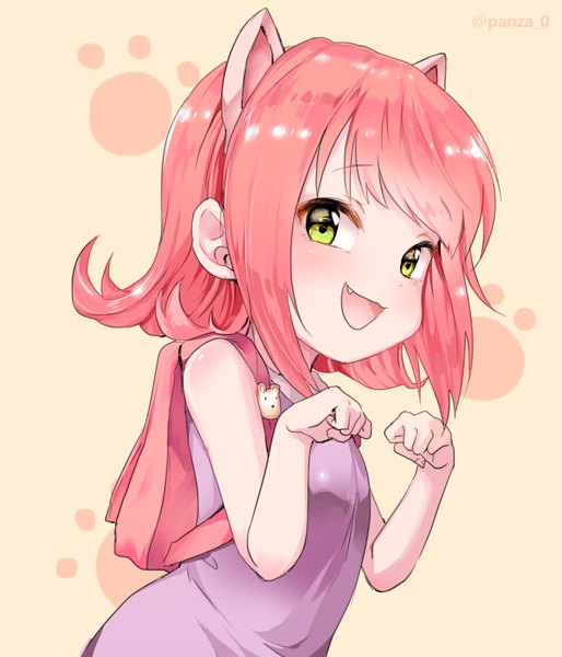 Anime picture 1000x1167 with league of legends annie (league of legends) panza single tall image looking at viewer blush fringe short hair open mouth simple background bare shoulders green eyes signed animal ears pink hair loli fang (fangs) fake animal ears :3
