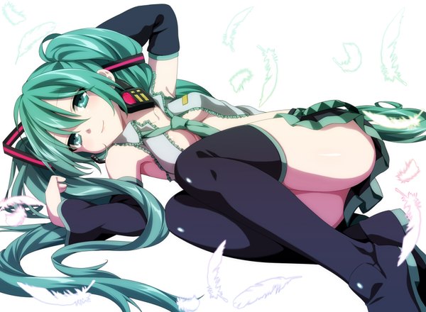 Anime picture 1800x1320 with vocaloid hatsune miku etou (cherry7) long hair highres light erotic twintails green eyes ass lying green hair girl thighhighs black thighhighs detached sleeves miniskirt headphones feather (feathers)