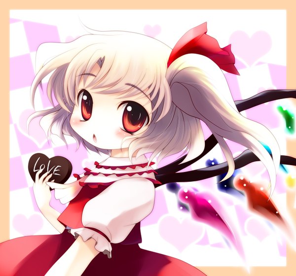 Anime picture 1500x1400 with touhou flandre scarlet yume shokunin single blush short hair open mouth blonde hair red eyes teeth fang (fangs) one side up girl dress skirt wings food heart sweets skirt set