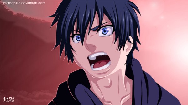Anime picture 1024x576 with ao no exorcist a-1 pictures okumura rin inferno2446 single short hair open mouth blue eyes black hair wide image sky sunlight coloring evening portrait sunset angry boy