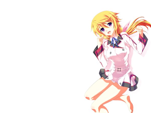 Anime picture 2560x1920 with infinite stratos 8bit charles dunois single long hair blush highres open mouth simple background blonde hair smile white background purple eyes barefoot girl uniform school uniform