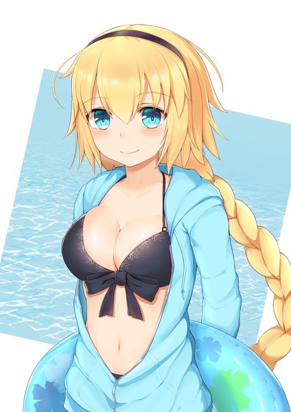 Anime picture 1447x2047 with fate (series) fate/grand order jeanne d'arc (fate) (all) jeanne d'arc (swimsuit archer) kokuto (kurousagi1210) single long hair tall image looking at viewer blush fringe breasts blue eyes light erotic blonde hair smile hair between eyes large breasts standing payot