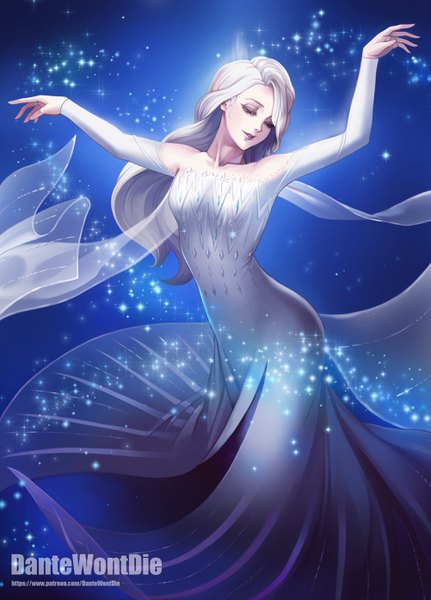 Anime picture 2004x2786 with frozen (disney) frozen 2 disney elsa (frozen) dantewontdie single long hair tall image highres bare shoulders white hair braid (braids) long sleeves parted lips light smile lips arms up sparkle gradient background glowing
