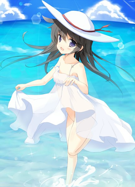 Anime picture 826x1138 with original okino ryuuto single long hair tall image looking at viewer blush open mouth black hair purple eyes cloud (clouds) loli girl dress hat water sundress