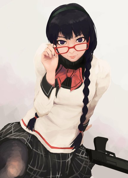 Anime picture 800x1113 with guweiz single long hair tall image looking at viewer fringe black hair simple background purple eyes lips girl skirt bow weapon glasses hairband gun pistol clothes