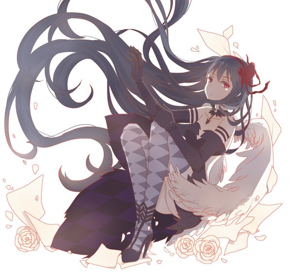 Anime picture 1402x1339 with mahou shoujo madoka magica shaft (studio) akemi homura single long hair looking at viewer light erotic black hair simple background red eyes white background high heels white wings girl thighhighs dress gloves flower (flowers) pantyhose wings