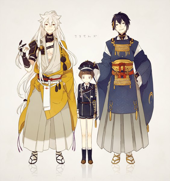 Anime picture 1234x1314 with touken ranbu nitroplus mikazuki munechika kogitsunemaru hirano toushirou o-ishi tall image blush fringe short hair black hair hair between eyes red eyes brown hair brown eyes full body white hair very long hair traditional clothes japanese clothes