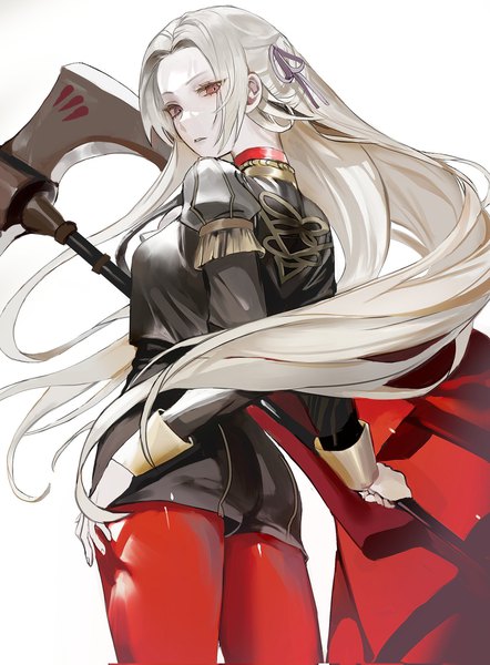 Anime picture 1507x2048 with fire emblem fire emblem: three houses nintendo edelgard von hresvelg pyoyang single long hair tall image looking at viewer simple background red eyes standing white background holding payot white hair parted lips puffy sleeves floating hair turning head