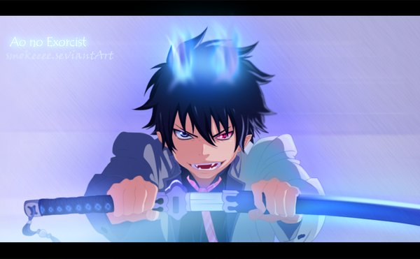 Anime picture 1024x634 with ao no exorcist a-1 pictures okumura rin smokeeee single short hair open mouth blue eyes black hair smile wide image pink eyes pointy ears teeth heterochromia coloring magic purple background sharp teeth boy