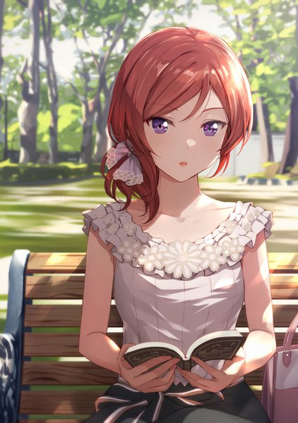 Anime picture 764x1087 with love live! school idol project sunrise (studio) love live! nishikino maki shamakho single tall image looking at viewer blush fringe short hair open mouth sitting purple eyes holding outdoors red hair alternate costume girl skirt