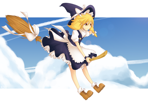 Anime picture 1600x1152 with touhou kirisame marisa priichu single long hair blonde hair yellow eyes looking away cloud (clouds) full body braid (braids) side braid witch broom riding condensation trail girl skirt witch hat skirt set broom
