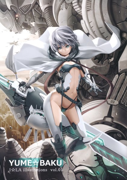 イラスト 3276x4658 と オリジナル I☆LA 長身像 カメラ目線 highres 短い髪 青い目 light erotic absurdres grey hair へそ出し mechanical 女の子 手袋 へそ 武器 剣 長手袋 ケープ ロボット