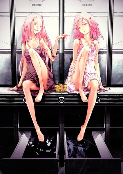 Anime picture 1280x1810 with guilty crown production i.g yuzuriha inori ouma mana redjuice long hair tall image smile red eyes sitting multiple girls pink hair bent knee (knees) barefoot bare legs legs girl hair ornament flower (flowers) 2 girls