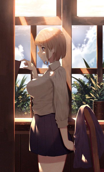 Anime picture 1750x2900 with original kisui single tall image fringe highres short hair breasts light erotic blonde hair large breasts standing purple eyes looking away sky cloud (clouds) indoors parted lips profile pleated skirt