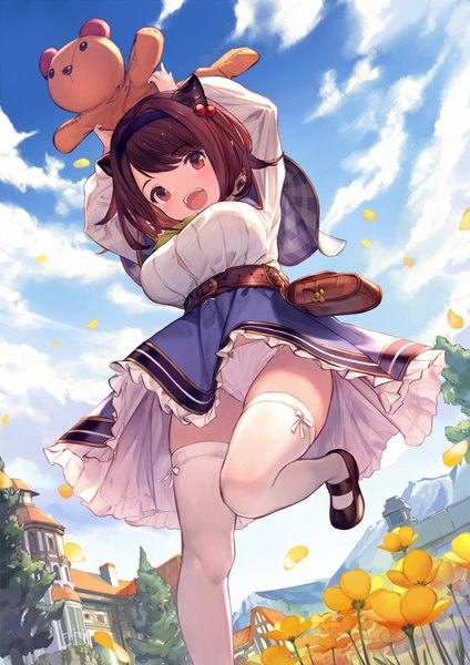 Anime picture 1280x1810 with granblue fantasy yaia (granblue fantasy) supertie single tall image looking at viewer blush fringe short hair breasts open mouth light erotic smile brown hair large breasts standing holding brown eyes sky cloud (clouds)