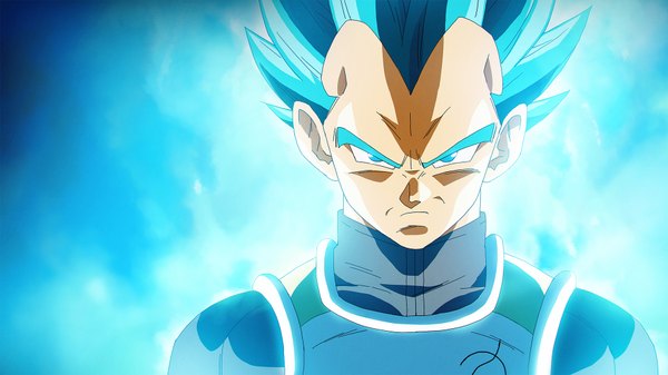 Anime picture 1920x1080 with dragon ball dragon ball z super toei animation vegeta tom skender single long hair looking at viewer highres blue eyes wide image blue hair upper body wallpaper glowing blue background serious spiked hair god super saiyan