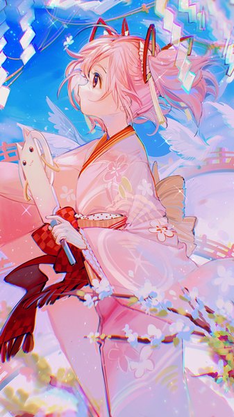 Anime picture 1063x1890 with mahou shoujo madoka magica shaft (studio) kaname madoka kyuubee rumoon single tall image short hair twintails looking away pink hair traditional clothes japanese clothes profile pink eyes short twintails new year girl animal kimono