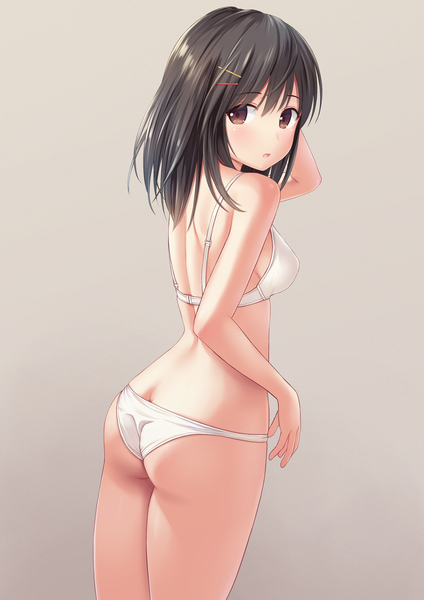 Anime picture 2894x4093 with original n.g. single long hair tall image blush fringe highres breasts open mouth light erotic black hair simple background hair between eyes standing brown eyes looking back from behind underwear only brown background