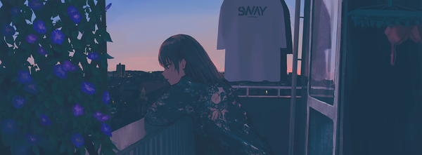 Anime picture 2310x851 with original kagumanikusu single long hair fringe highres open mouth black hair hair between eyes wide image standing looking away sky upper body outdoors profile black eyes city cityscape bra removed