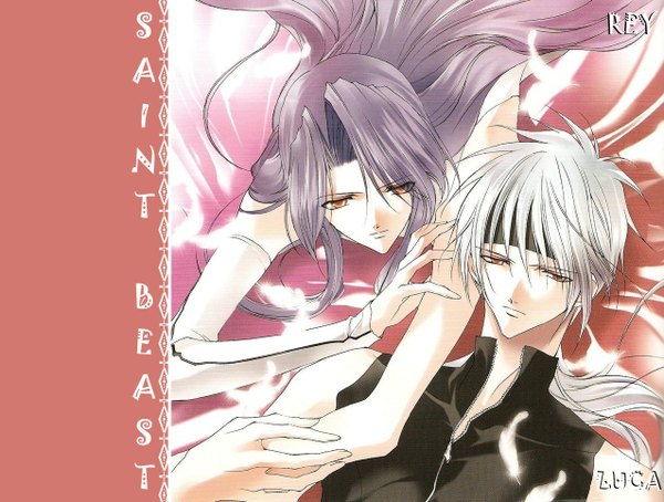 Anime picture 1276x966 with saint beast rey (suzaku) luca (houou) long hair simple background red eyes purple hair tail lying grey hair couple shounen ai boy bed feather (feathers) bandana