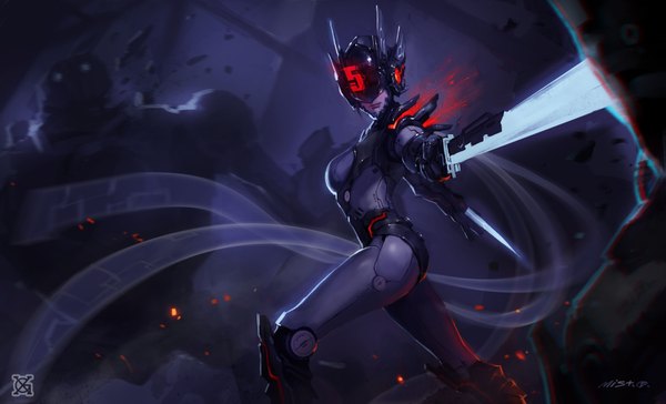 Anime picture 3618x2200 with league of legends xiaoguimist looking at viewer highres breasts wide image large breasts signed absurdres looking back horn (horns) inscription night lipstick spread arms red lipstick arched back walking glowing weapon girl