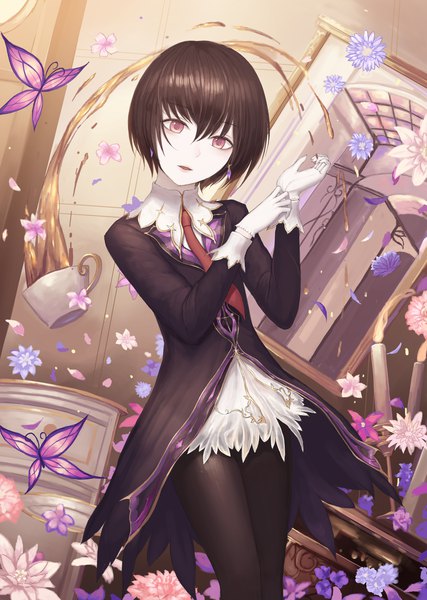 Anime picture 2500x3510 with original rinmmo single tall image looking at viewer fringe highres short hair open mouth hair between eyes brown hair standing purple eyes indoors head tilt adjusting gloves girl gloves flower (flowers) earrings