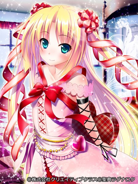 Anime picture 600x800 with seiten ragnarok pochadon single tall image looking at viewer blush blue eyes blonde hair smile very long hair valentine girl dress ribbon (ribbons) hair ribbon heart gift