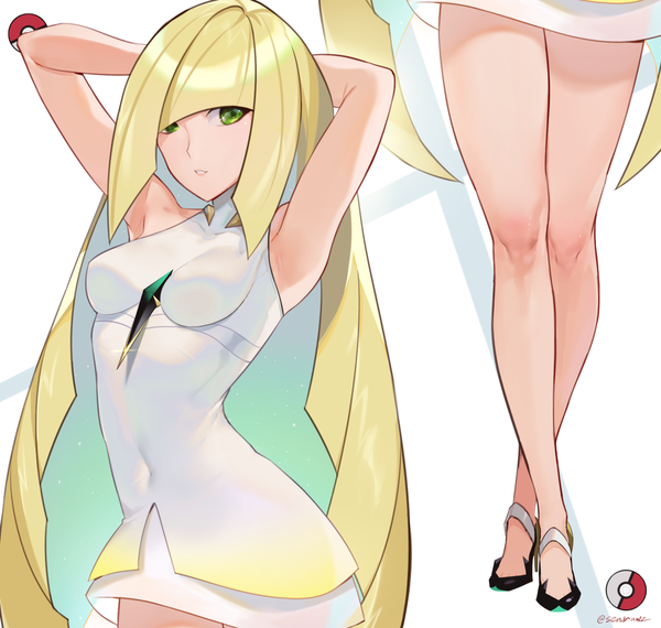 Anime picture 1627x1546 with pokemon pokemon sm nintendo lusamine (pokemon) sendrawz long hair looking at viewer blush fringe breasts light erotic simple background blonde hair standing white background green eyes signed payot parted lips multicolored hair