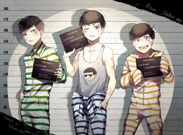 Anime picture 1200x888 with osomatsu-san matsuno karamatsu matsuno choromatsu matsuno juushimatsu ekita xuan looking at viewer short hair blue eyes black hair bare shoulders signed yellow eyes ahoge long sleeves nail polish one eye closed multiple boys shadow hand on hip striped