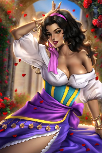 Anime picture 4000x6000 with the hunchback of notre dame disney esmeralda (disney) ayyasap single long hair tall image looking at viewer blush fringe highres breasts light erotic black hair large breasts sitting green eyes signed absurdres cleavage