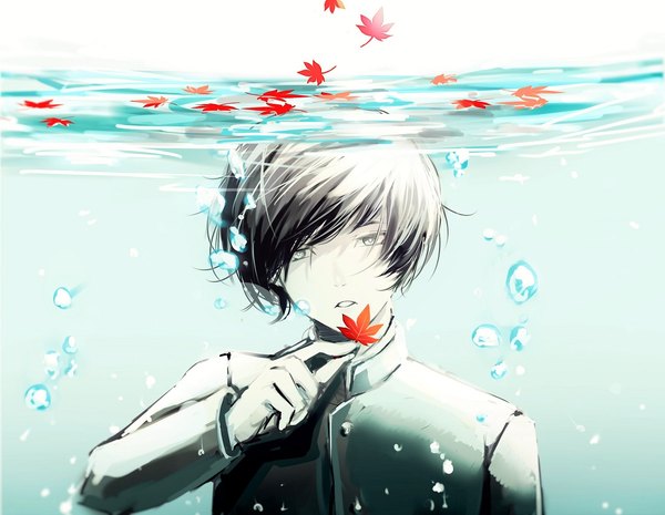 Anime picture 1130x876 with original tsugumi (pixiv4979659) single looking at viewer fringe short hair black hair simple background holding upper body parted lips head tilt grey background gradient background underwater silver eyes boy leaf (leaves) bubble (bubbles) maple leaf