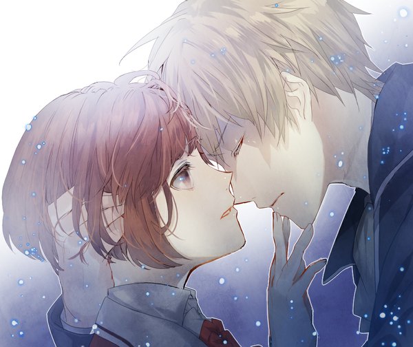 Anime-Bild 1000x840 mit dance with devils brains base (studio) tachibana ritsuka kaginuki rem fringe short hair simple background blonde hair brown hair brown eyes payot eyes closed parted lips profile couple hug gradient background snowing close-up face to face