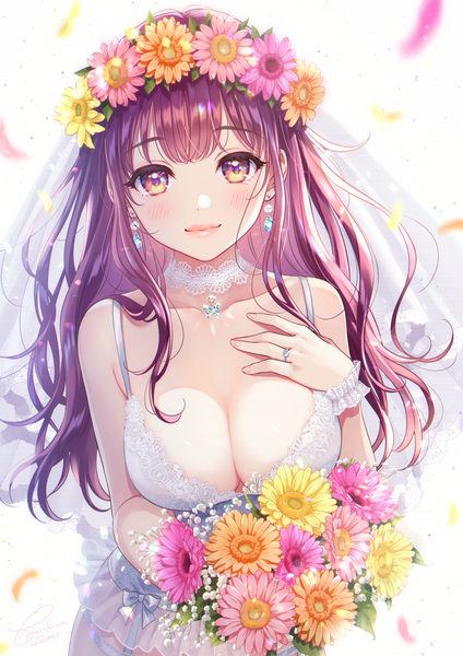 Anime picture 1157x1637 with original morikura en single long hair tall image looking at viewer blush fringe breasts light erotic smile large breasts standing bare shoulders holding signed yellow eyes cleavage purple hair blunt bangs