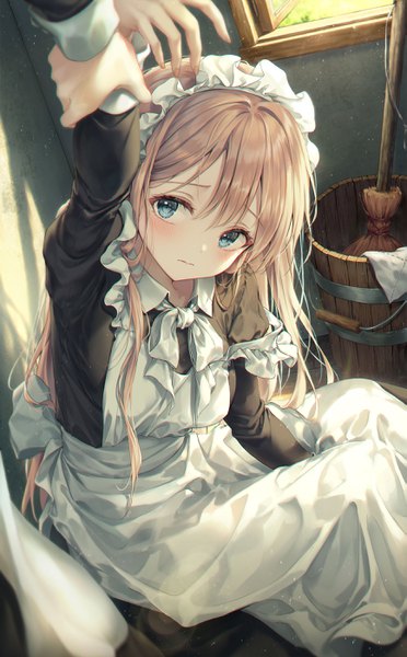 Anime picture 1734x2792 with original r o ha long hair tall image blush fringe highres blue eyes blonde hair smile hair between eyes sitting looking away indoors nail polish head tilt fingernails maid lens flare solo focus