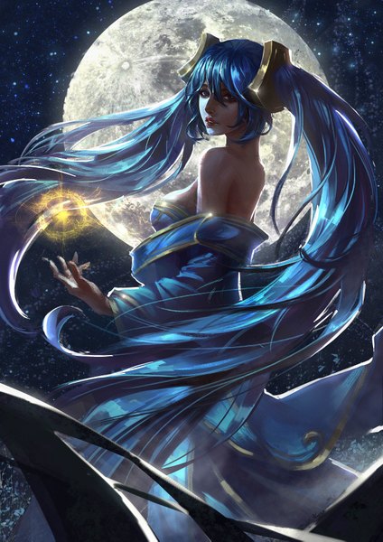 Anime picture 2480x3509 with league of legends sona buvelle x.four single tall image looking at viewer fringe highres blue eyes hair between eyes standing twintails bare shoulders payot blue hair outdoors very long hair parted lips looking back night