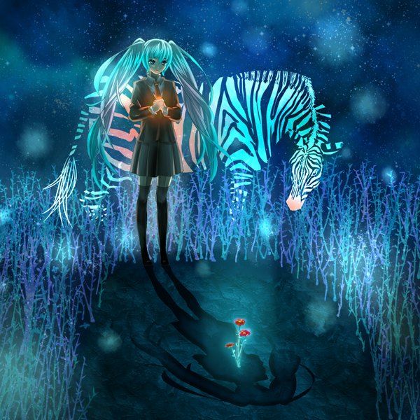 Anime picture 1050x1050 with vocaloid saihate (vocaloid) hatsune miku oden (saketoba) single long hair twintails green eyes green hair girl flower (flowers) plant (plants) zebra