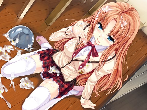 Anime picture 1024x768 with chu shite agechau takamori sana uni8 single long hair blush blue eyes game cg orange hair sexually suggestive messy girl thighhighs skirt uniform black thighhighs school uniform miniskirt cream suggestive fluid