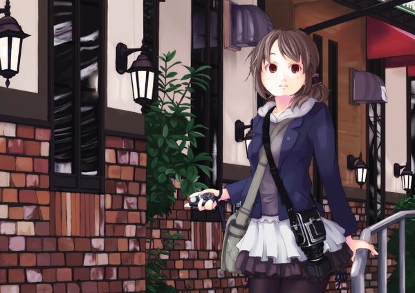 Anime picture 1280x906 with original haya (bittersweets) single looking at viewer short hair open mouth red eyes brown hair looking away girl skirt plant (plants) jacket bag camera compass