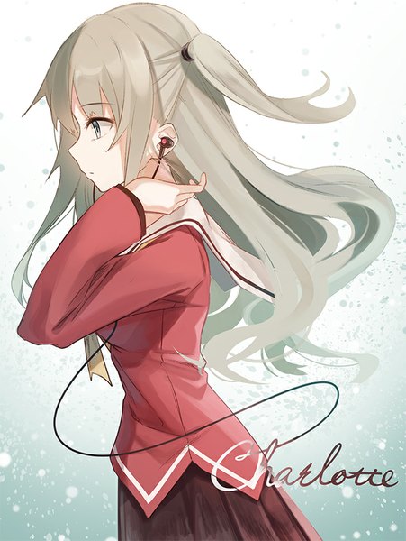 Anime picture 677x900 with charlotte p.a. works tomori nao yasuno (airy light) single long hair tall image fringe twintails looking away silver hair upper body pleated skirt grey eyes copyright name floating hair walking girl skirt uniform