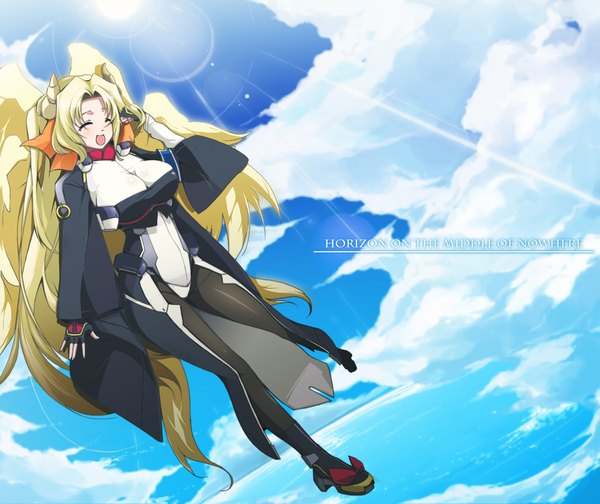 Anime picture 1000x840 with kyoukai senjou no horizon margot knight gamma (geoffrey) single blush breasts open mouth light erotic blonde hair smile large breasts sky cloud (clouds) full body outdoors eyes closed very long hair horn (horns) sunlight copyright name