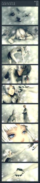 Anime picture 1100x5000 with last exile gonzo dio eracles lucciola mezamero tall image short hair open mouth blue eyes blonde hair white hair lying profile light smile wind inscription multiple boys tears holding hands snowing