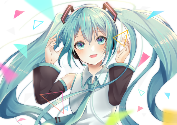 Anime picture 2046x1447 with vocaloid hatsune miku azu (azuazu 0405) single long hair looking at viewer blush fringe highres open mouth hair between eyes twintails upper body :d aqua eyes aqua hair girl detached sleeves necktie headphones