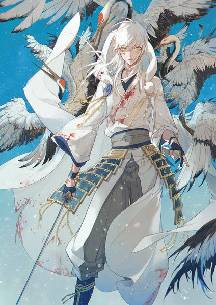 Anime picture 1500x2122 with touken ranbu nitroplus tsurumaru kuninaga qingfeng che long hair tall image looking at viewer holding yellow eyes white hair traditional clothes japanese clothes light smile wide sleeves torn clothes serious bloody clothes gloves weapon animal