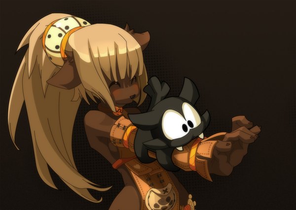 Anime picture 1197x850 with wakfu zurkarak (character) long hair blush simple background blonde hair smile bare shoulders ponytail eyes closed teeth fang (fangs) black background girl detached sleeves