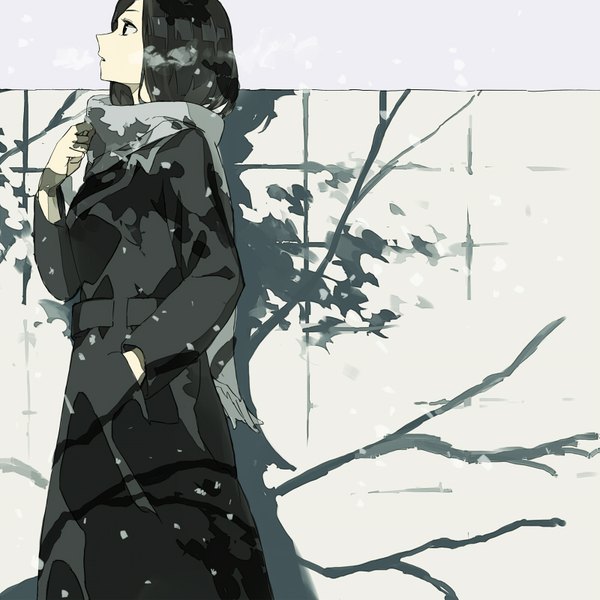 Anime picture 800x800 with original yamato (aoiaoiao921) single short hair black hair looking away outdoors profile black eyes shadow snowing exhalation hand in pocket girl scarf coat