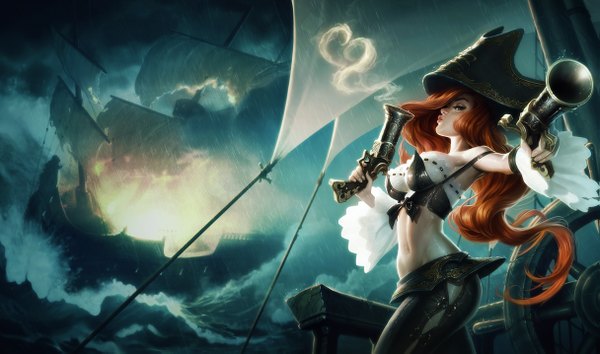 Anime-Bild 1215x717 mit league of legends miss fortune (league of legends) single long hair breasts wide image profile lips black eyes orange hair official art pirate girl weapon hat gun pistol pirate hat