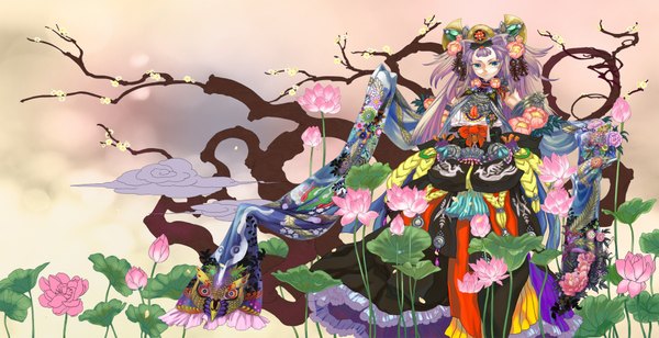 Anime picture 1900x976 with original aililith (artist) single long hair highres blonde hair wide image green eyes purple hair girl flower (flowers) bow plant (plants) tree (trees)