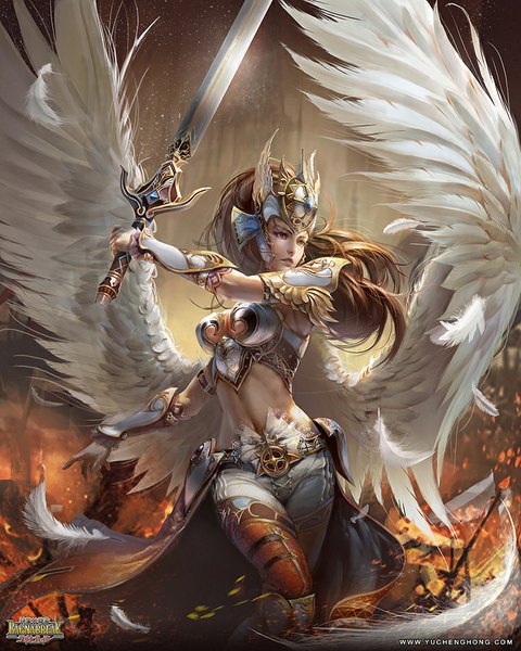 Anime picture 760x950 with shinma x keishou! ragnabreak yu cheng hong single long hair tall image light erotic brown hair brown eyes looking away midriff angel wings girl navel weapon sword wings feather (feathers) fire